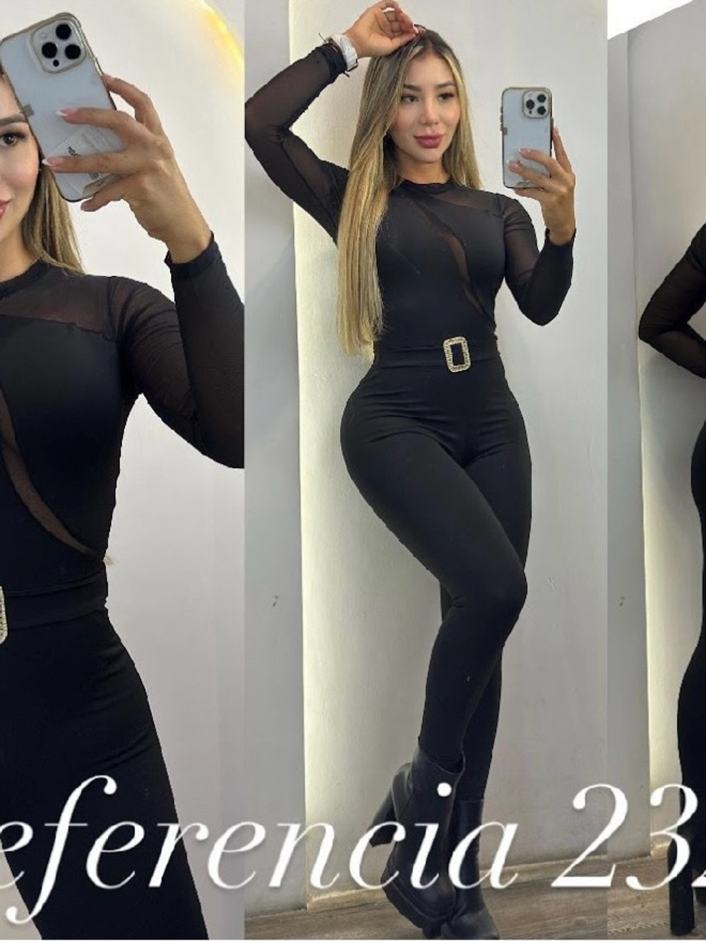 Colombian  jumpsuit Sleek Black Mesh Accent Jumpsuit with Buckle Waist